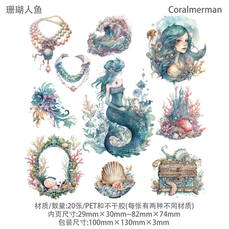 autocollants sirènes mer bateau corail bijoux bleu vert rose blanc transparents illustratifs 20pcs