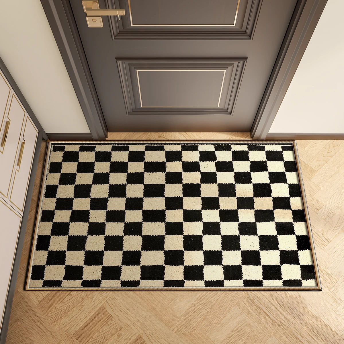 tapis noir blanc carreaux géométriques classique résistant décoloration polyester intérieur extérieur chambre couloir porte