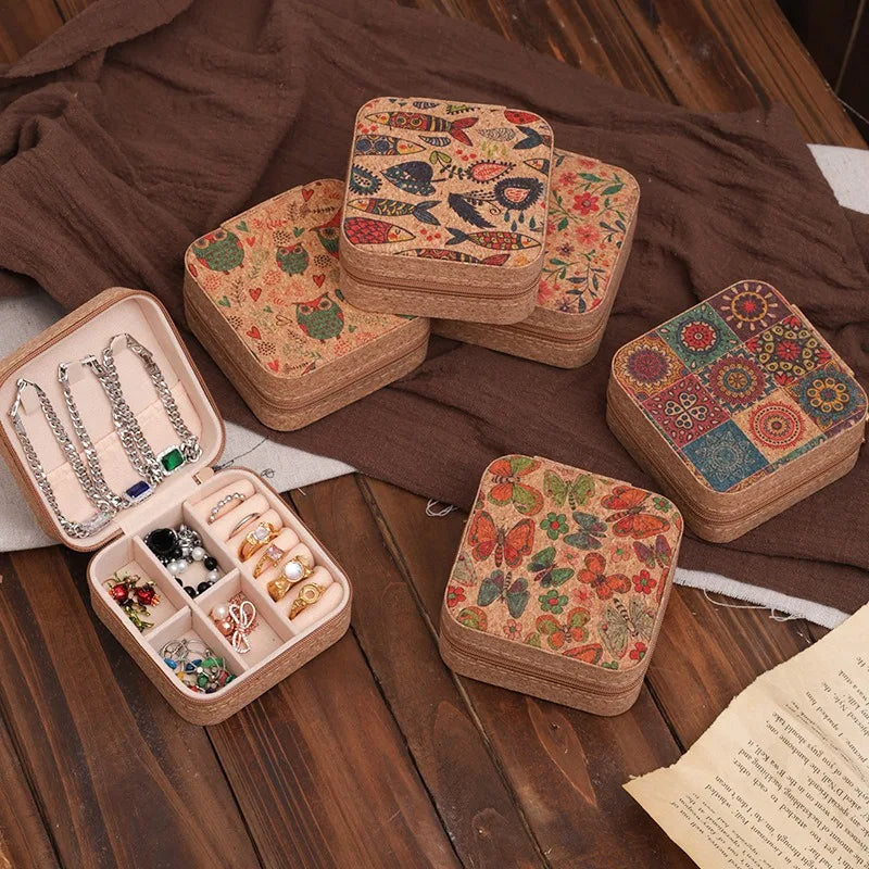 boîtes bijoux vintage marron clair compartiments réutilisables imprimé floral fermure glissière patchwork