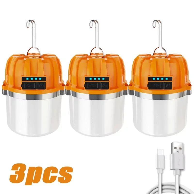 lampe camping rechargeable usb orange blanc moderne interrupteur crochet métallique led