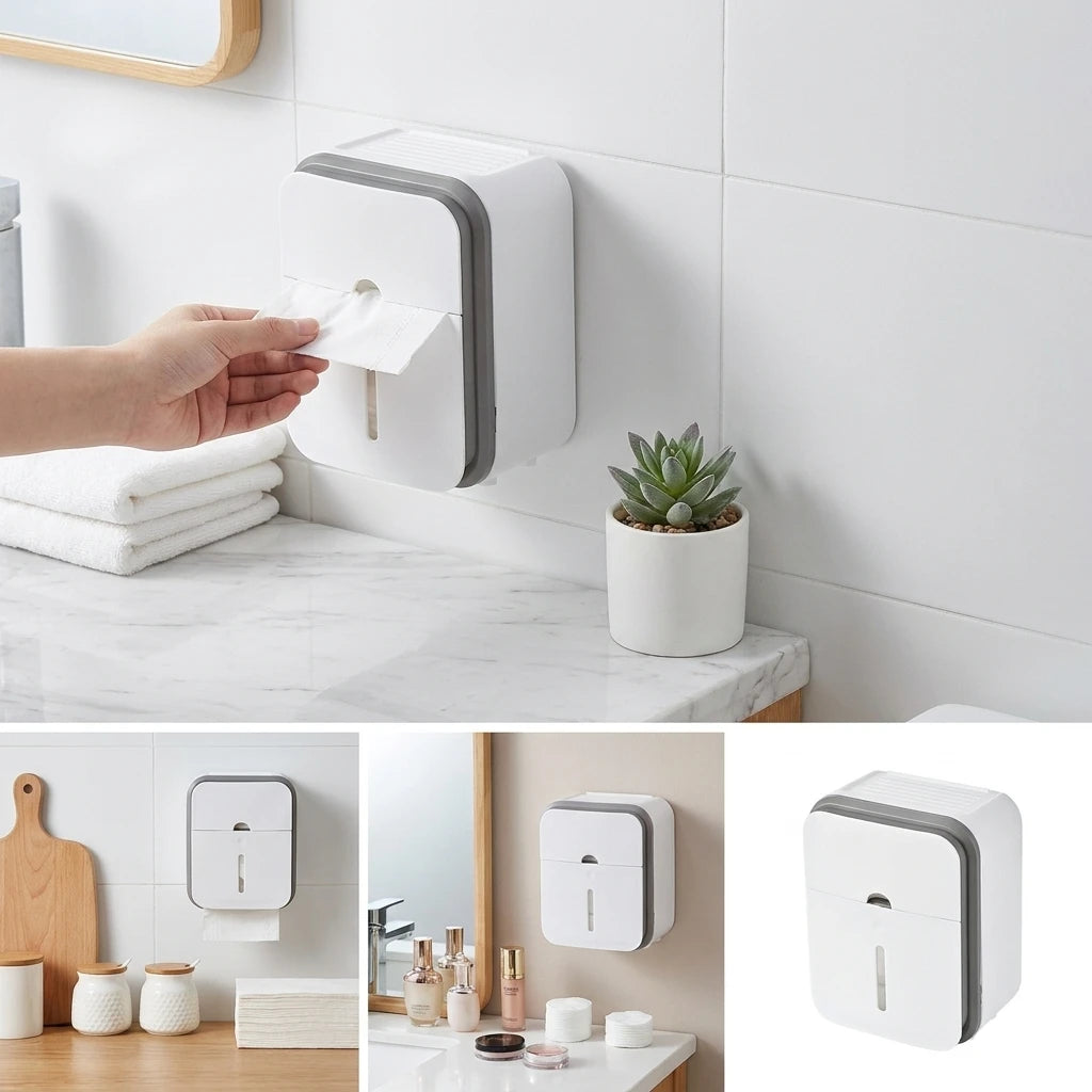 rangement mural moderne blanc gris tiroirs papier toilette accessoires salle bain minimaliste