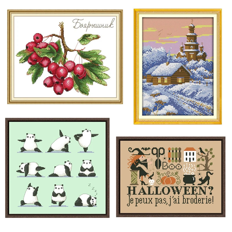 Kit broderie animaux hiver fruits instructions toile fil coton soie