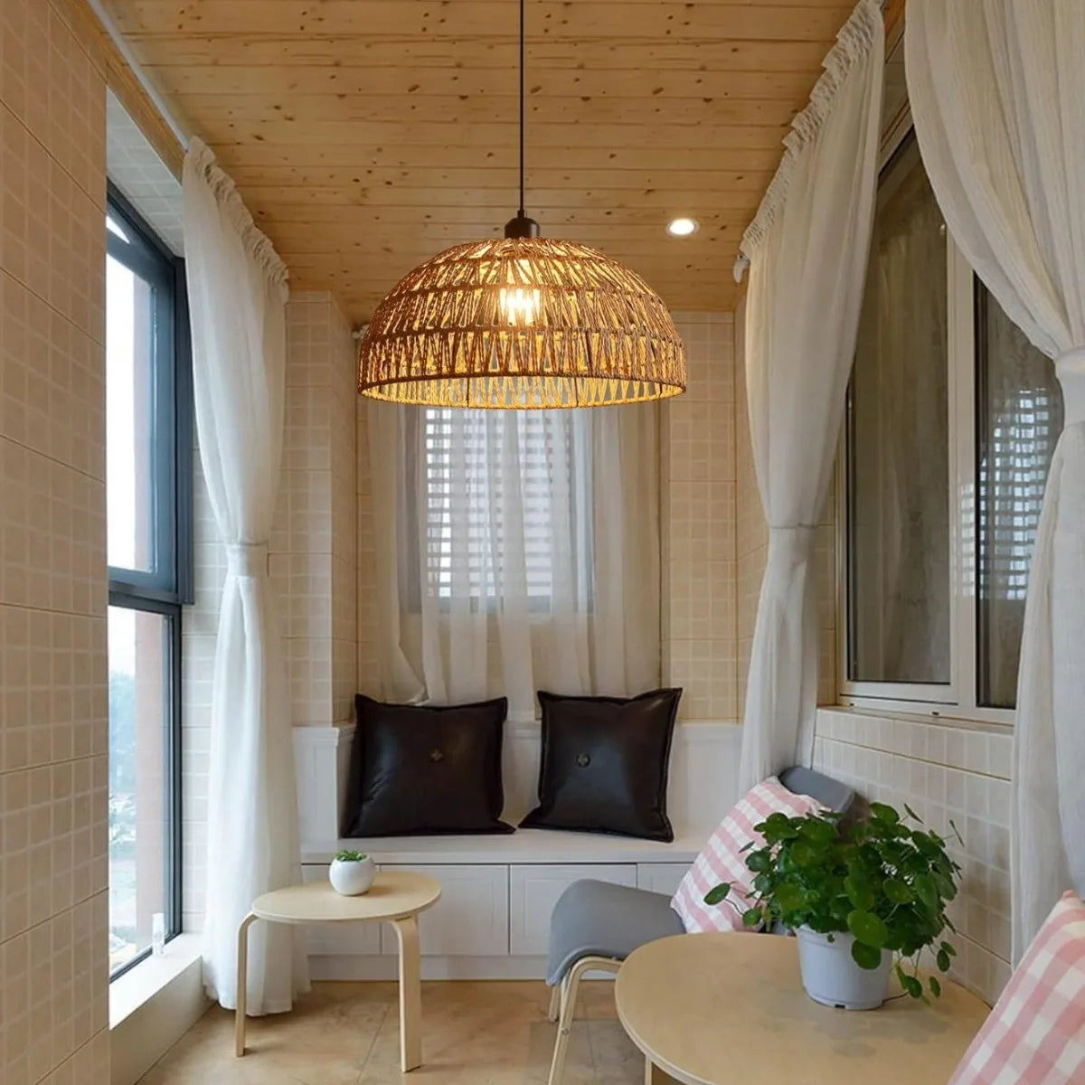 lampe suspendue marron clair tissage rotin opaque moderne rustique pince lampe ampoule e27 autonome