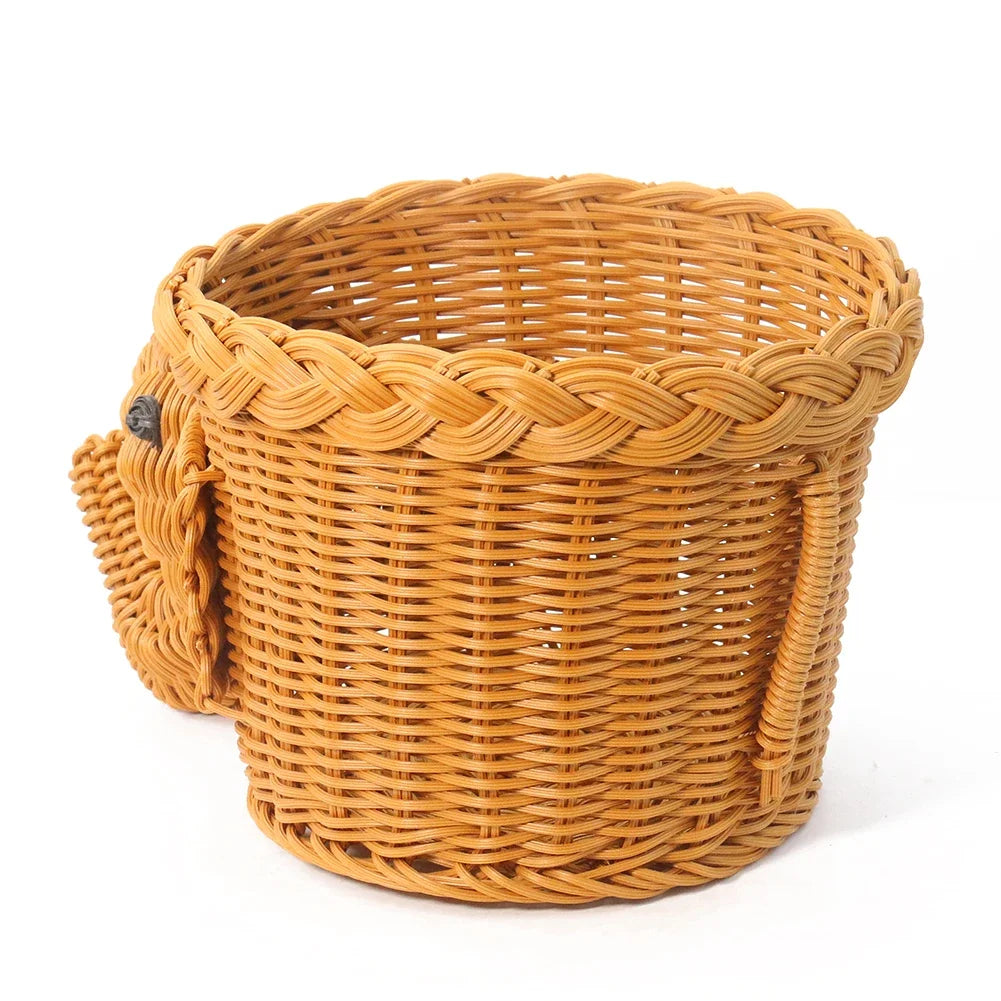 panier rangement tressé forme éléphant décoratif couleur beige marron fruits variés réutilisable respectueux environnement