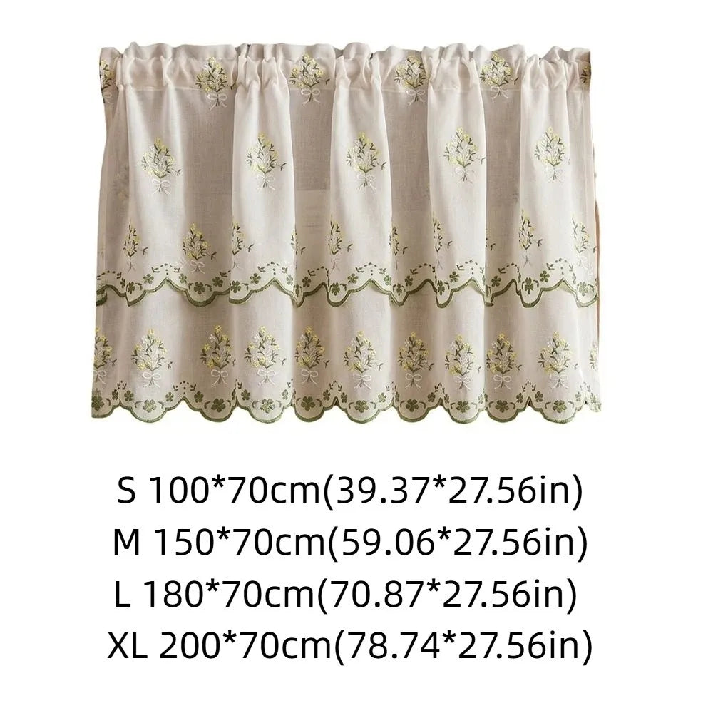 rideau blanc brodé fleurs semi transparent classique anneaux vert rose jaune beige