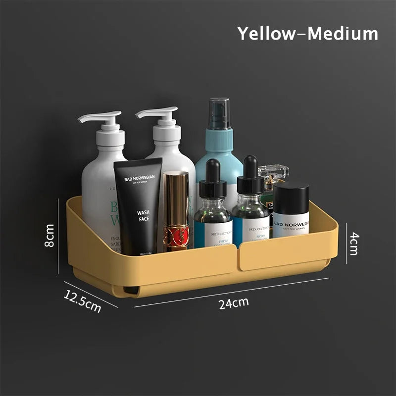 étagère rangement murale adhésive bleu jaune blanc moderne bouteilles flacons pots cosmétiques salle bains