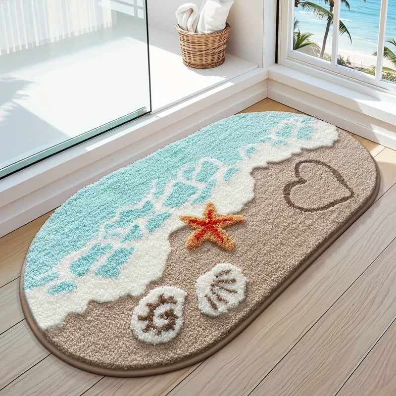 tapis plage antidérapant doux sable vague coquillage entrée intérieur extérieur sable motif plage