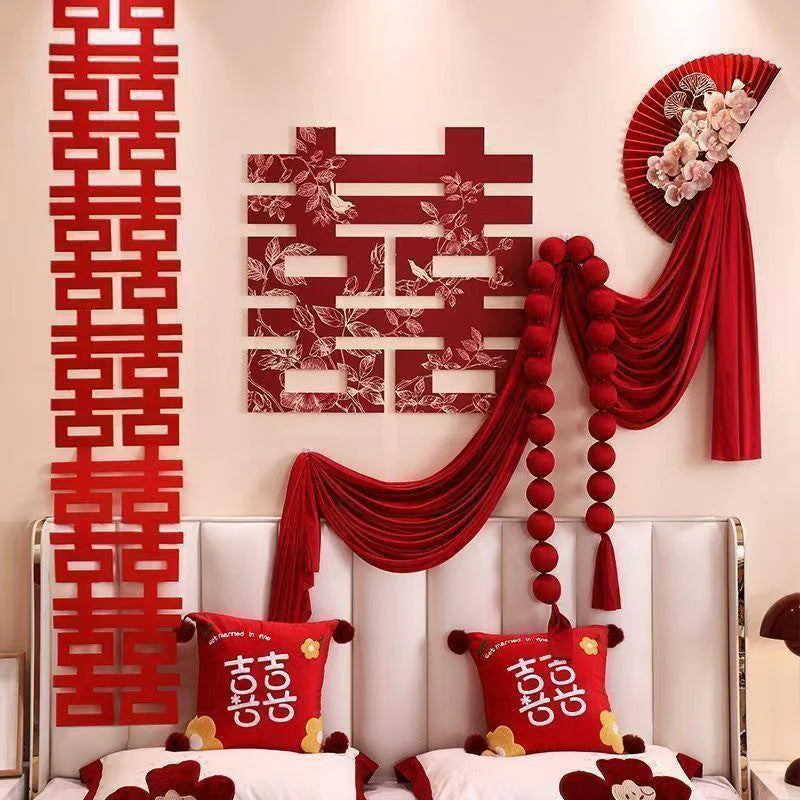 décorations murales mariage chinois double bonheur fleurs papier motifs traditionnels festifs romantiques