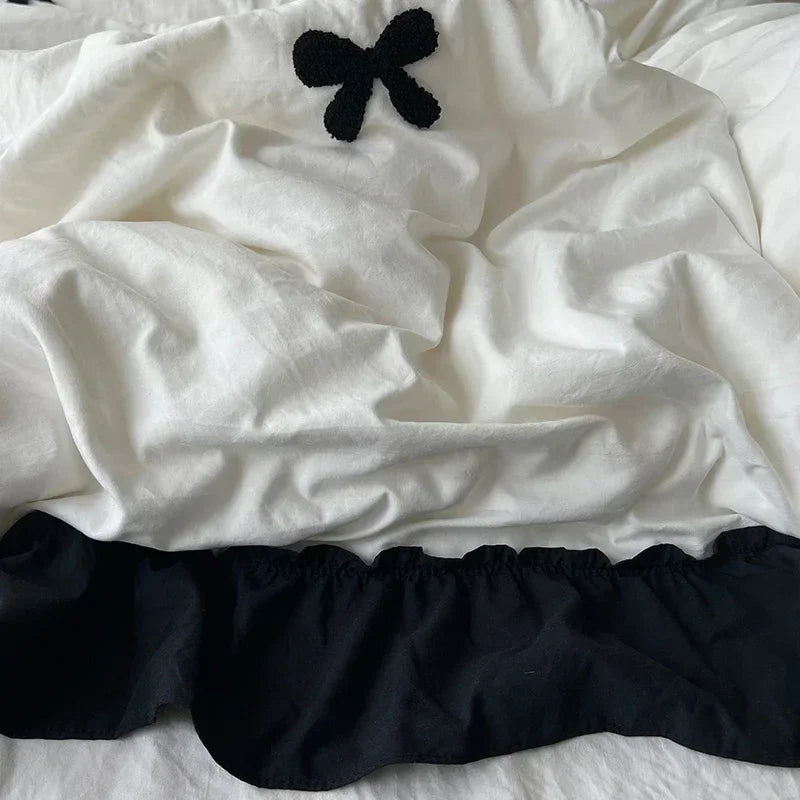 ensemble literie housse couverture taies nœuds noirs volants blancs filles doux