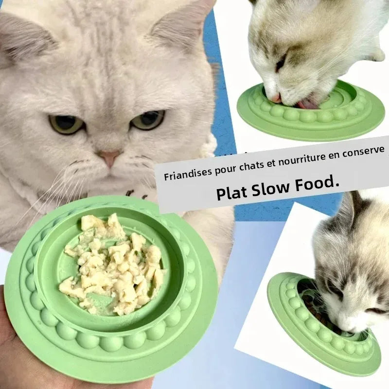 assiette chat moderne distributeur lent anti étouffement antidérapante couleurs vert gris bleu jaune reliefs