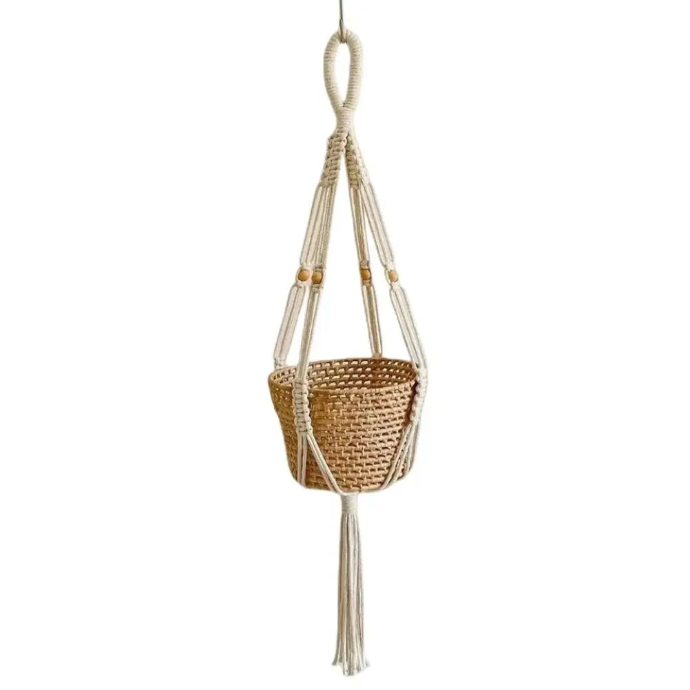 support plante suspendue macramé boho blanc beige noir artisanal anneaux métalliques pot plante