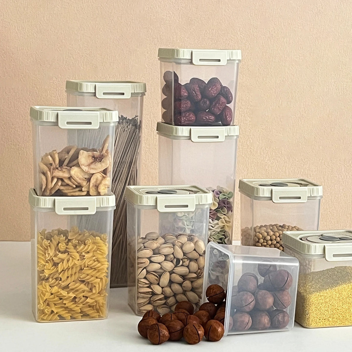 boîtes rangement transparentes modernes hermétiques qualité alimentaire poignées couvercle beige