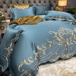 ensemble literie classique broderie dorée motifs floraux beige rouge violet bleu vert