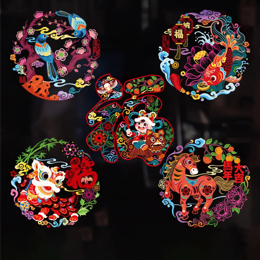 décorations fenêtre autocollants festifs nouveaux ans réutilisables animaux symboles chinois opaque cartoony
