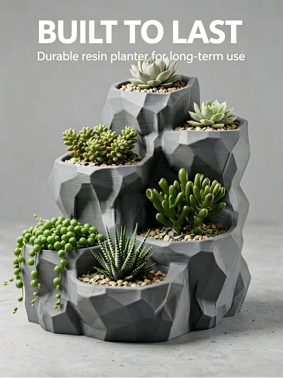 jardin moderne pot géométrique gris succulentes plusieurs compartiments plante verte minimaliste