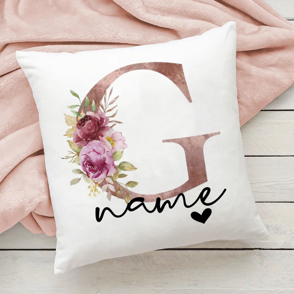 taie d'oreiller motif floral rose lettres initiales respectueux environnement moderne blanc