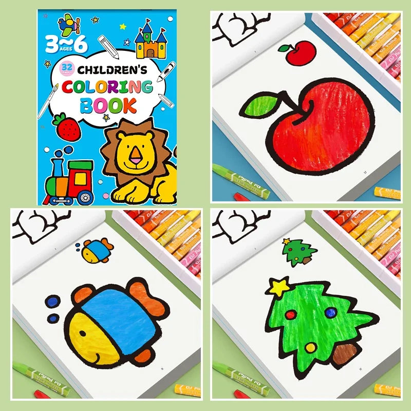 livre coloriage enfants dessins train voiture pomme poisson crayons huile illustrations françaises