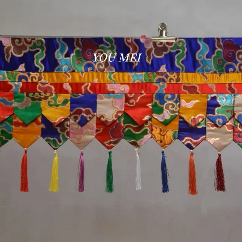 rideau ethnique handmade motifs floraux brodés pompons couleurs vives traditionnel clips fixations