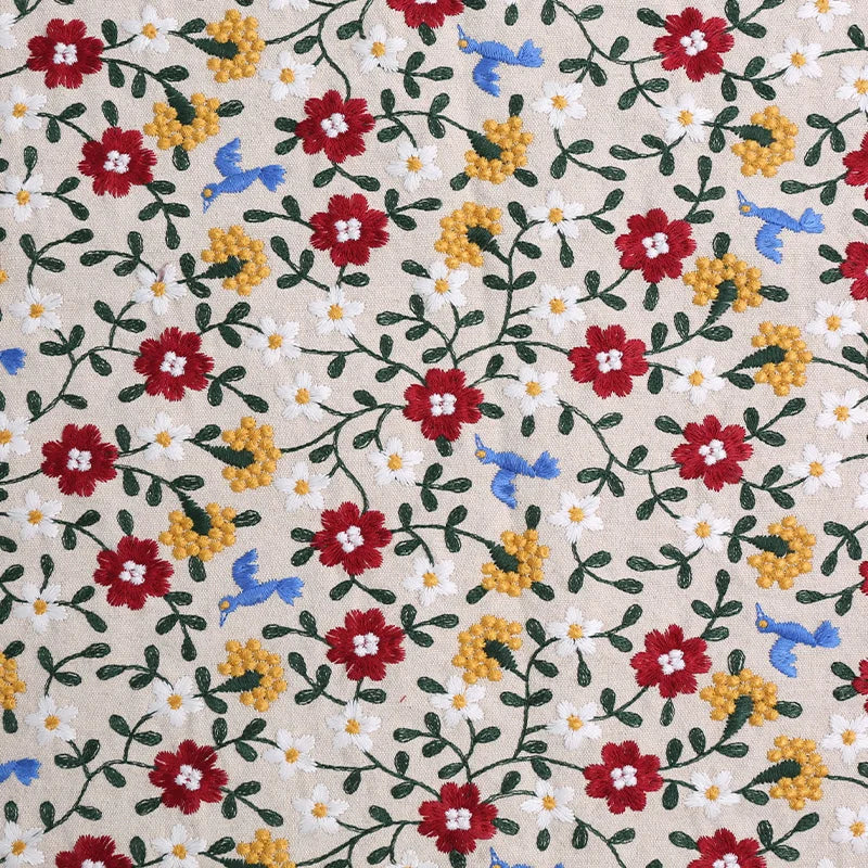 tissu brodé fleurs oiseaux coton lin respectueux environnement 125cm largeur beige clair rouge blanc