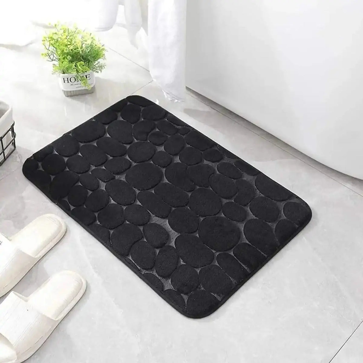 tapis bain moderne marron noir bordeaux bleu clair texture galets polyester antidérapant absorbant