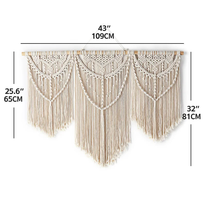 tapisserie macramé coton ovale motifs géométriques franges bohème bois opaque