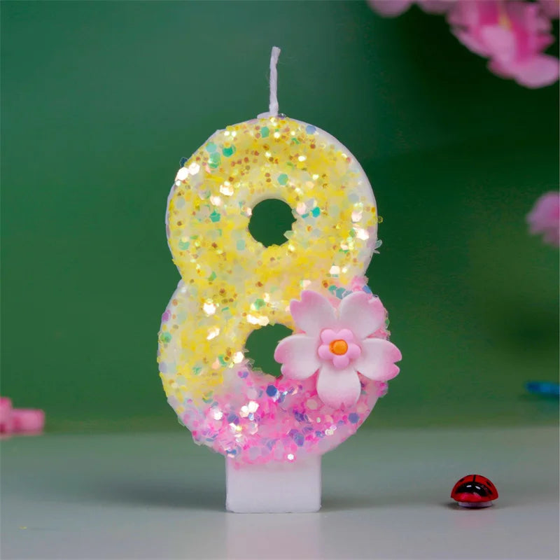 bougies numériques paillettes fleur relief anniversaire enfant décoratives jaune rose blanches