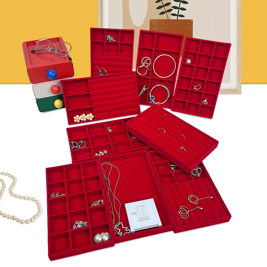 boîte bijoux velours rouge moderne plateau 21cm colliers boucles doreilles bracelet doré lunettes