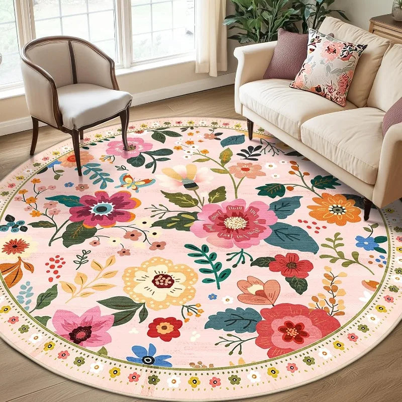 tapis rond moderne fleurs colorées motifs floraux salon beige rose violet