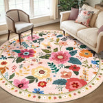 tapis rond moderne fleurs colorées motifs floraux salon beige rose violet
