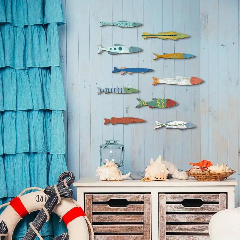 décoration murale poissons bois motif marine rustique coquillages vase rideau plisséintérieur