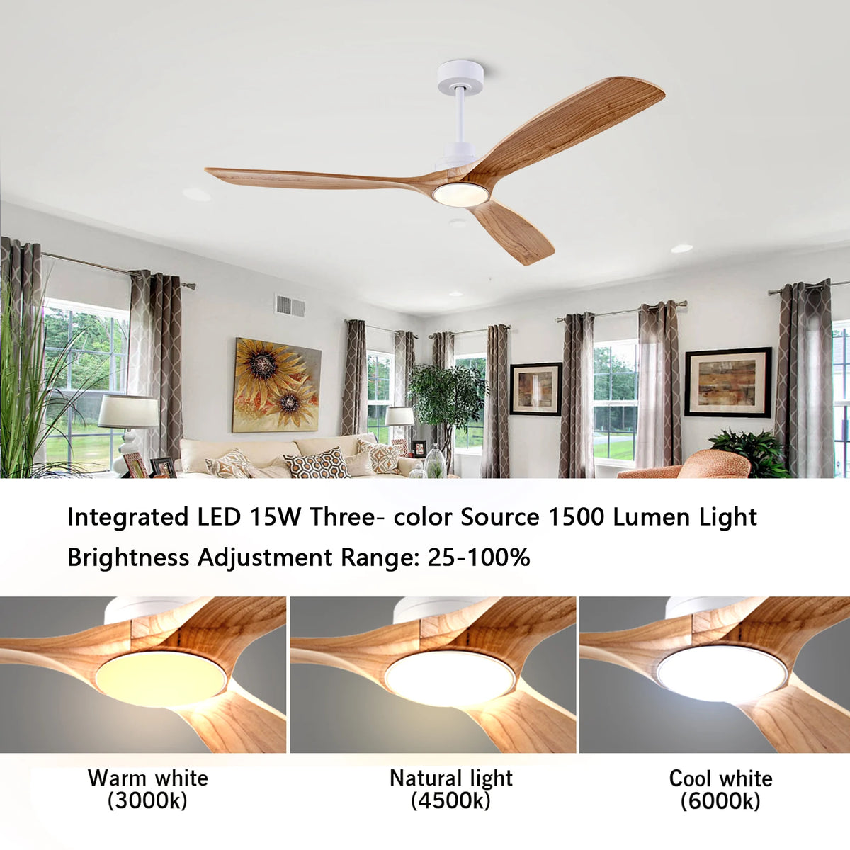 ventilateur bois blanc moderne led télécommande 60 pouces chambre salon lumière minimaliste