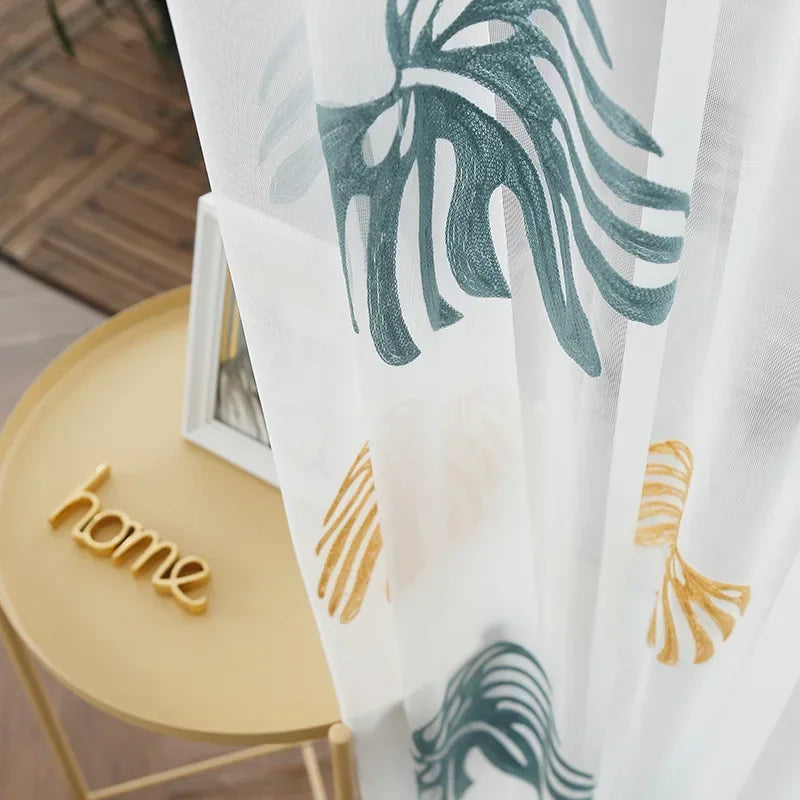 rideau blanc transparent motif feuilles tropicales moderne salon chambre