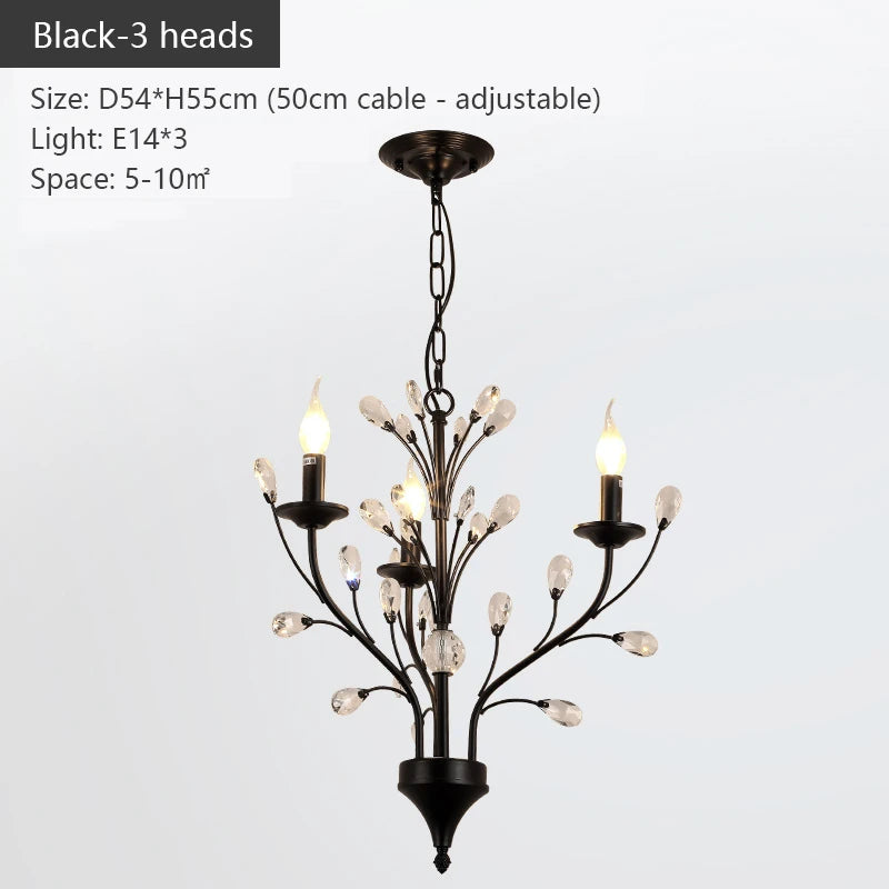 lustre led noir branches cristal contemporain élégant suspendu salon chambre
