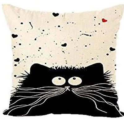 taie d'oreiller lin motif chats noir blanc moderne 45x45cm fixée