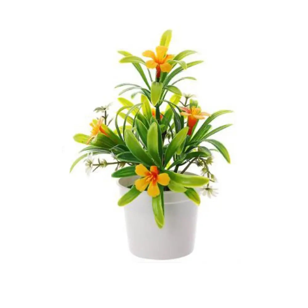 plantes artificielles modernes feuilles vertes fleurs jaunes oranges violettes pot blanc