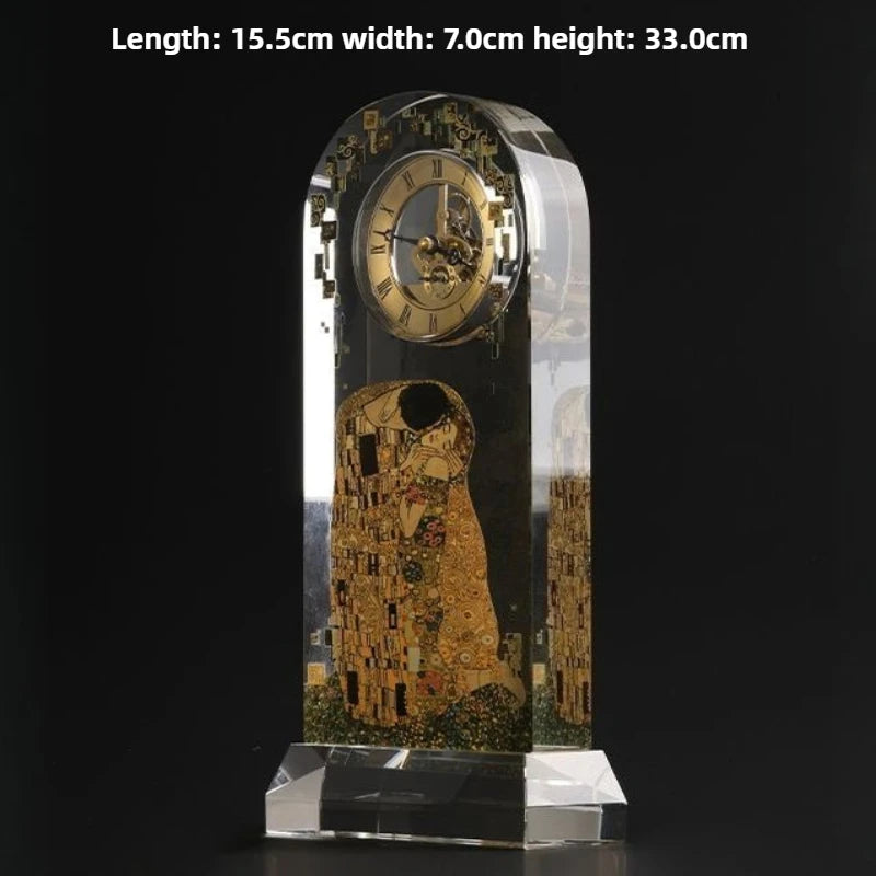 horloge table art nouveau klimt baiser cadran doré transparent verre géométrique salon vintage aiguille