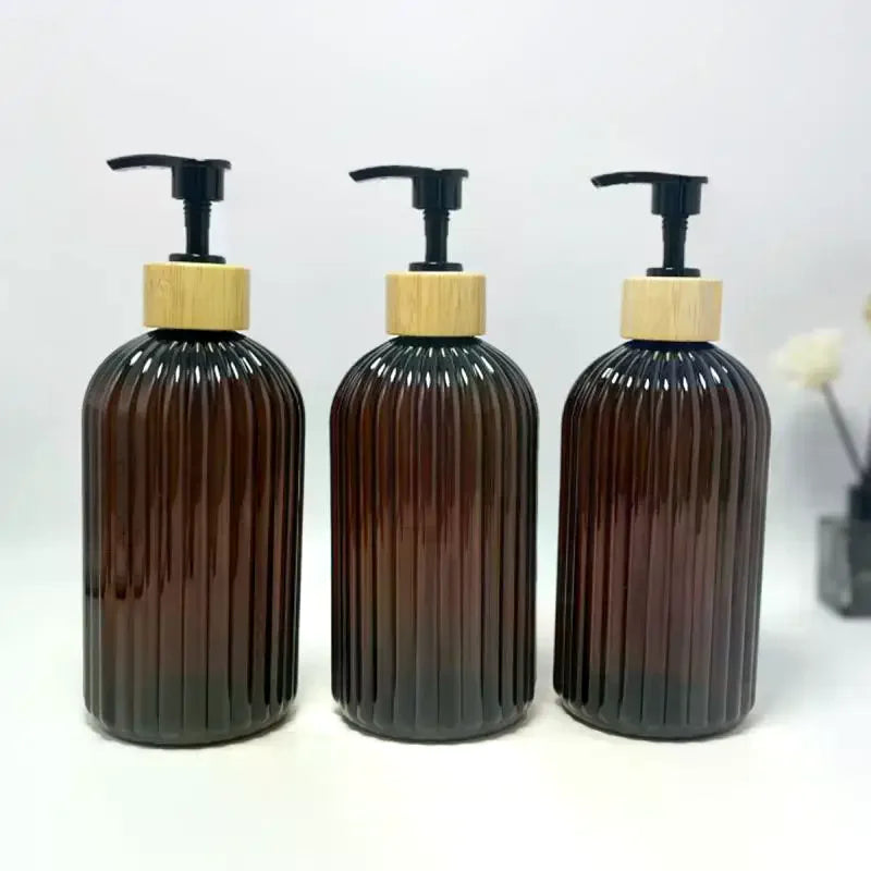 flacon pompe noir brun vert transparent moderne rayures vertical rechargeable shampoing lotion