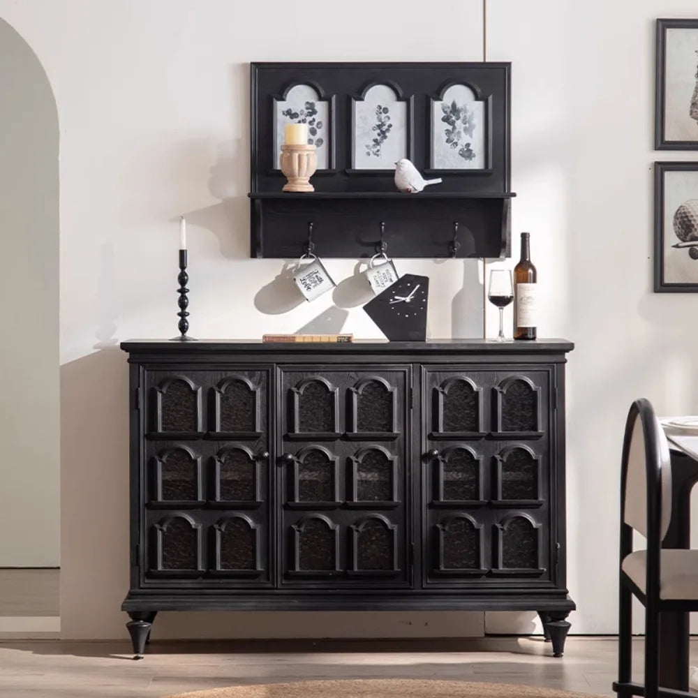 armoire classique noire tiroirs bois motifs géométriques salon storage vintage minimaliste modernisée