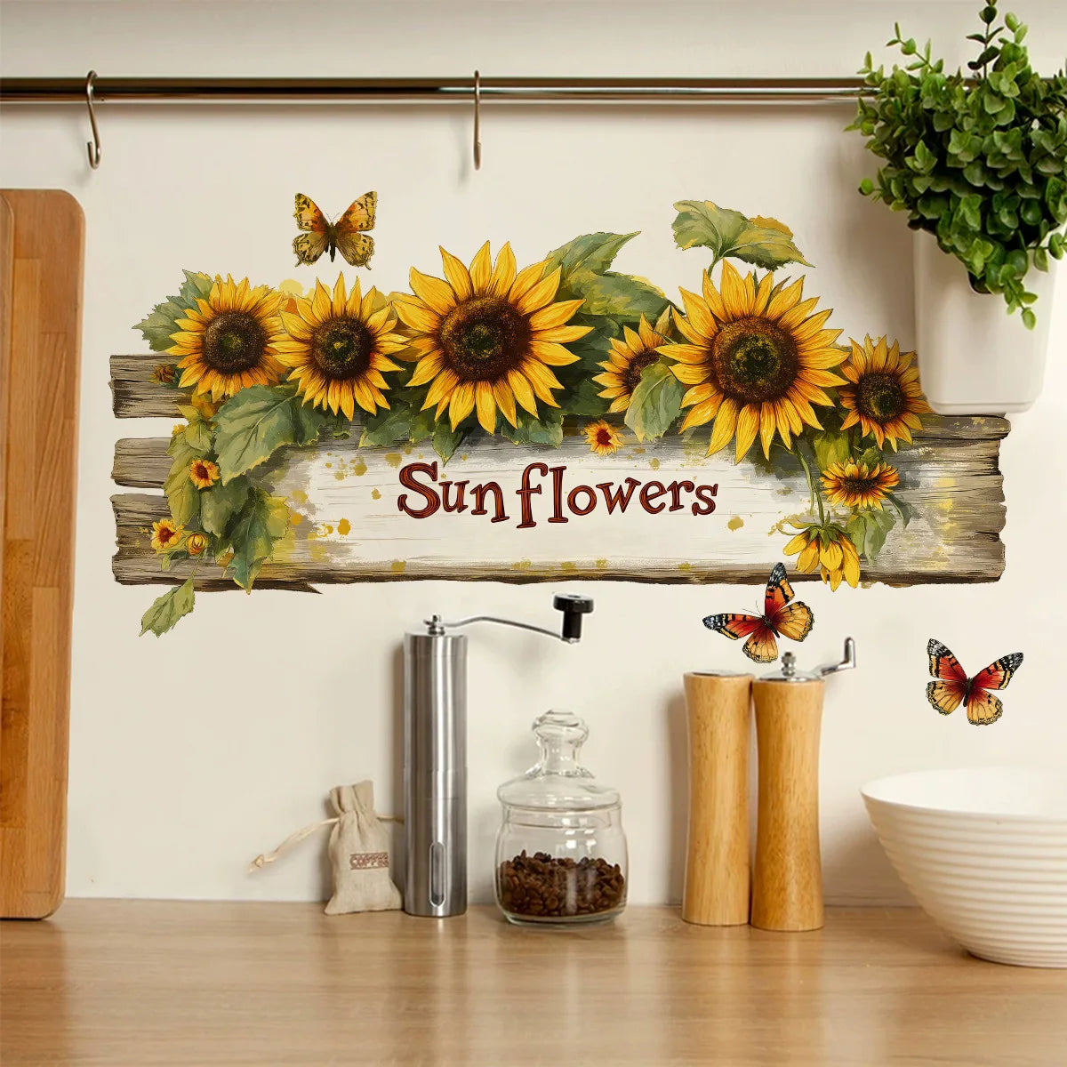 autocollant mural tournesol fleurs papillons rustique naturel jaune vert brun opaque chambre salon decoration
