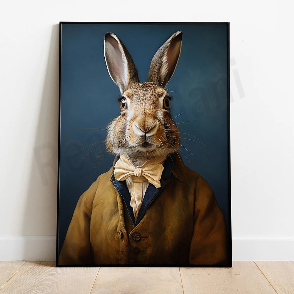 Un lapin élégant habillé d'un manteau et d'un nœud papillon jaune, semblant observer le spectateur avec un air amusé.