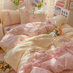 ensemble literie rose vichy doux franges romantique taies oreillers couvre lit