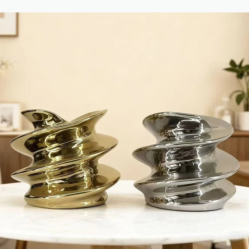vase décoratif moderne argent brillant ondulé table fleurs transparent minimaliste