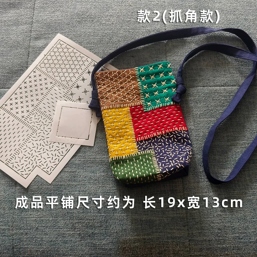 sac main multicolore patchwork motifs géométriques opacité créatif bandelette noire 19x13cm