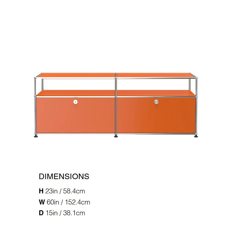 meuble rangement moderne orange bleu clair plateaux transparents poignées métalliques