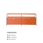 meuble rangement moderne orange bleu clair plateaux transparents poignées métalliques