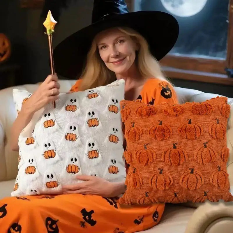 coussin halloween blanc orange citrouilles fantômes doux épais décoration festive