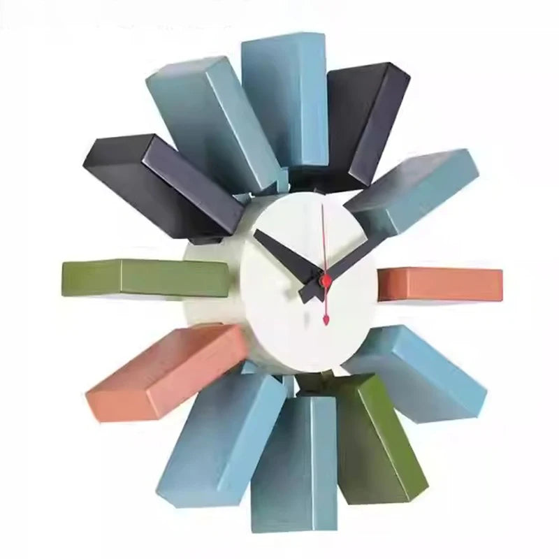 Horloge murale mid century bleu orange noir aiguilles rouge cadran blanc atomique époque