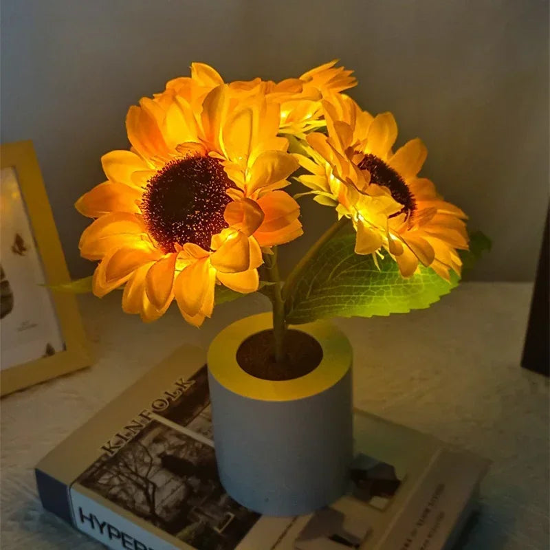 veilleuse rechargeable tournesol fleur jaune feuilles vertes deco moderne chambre table led