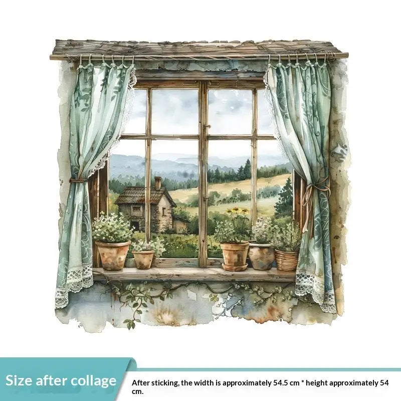 autocollant mural vintage paysage fenêtre volets bleus plantes vertes guirlande fleurs chat niche naturel