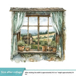 autocollant mural vintage paysage fenêtre volets bleus plantes vertes guirlande fleurs chat niche naturel